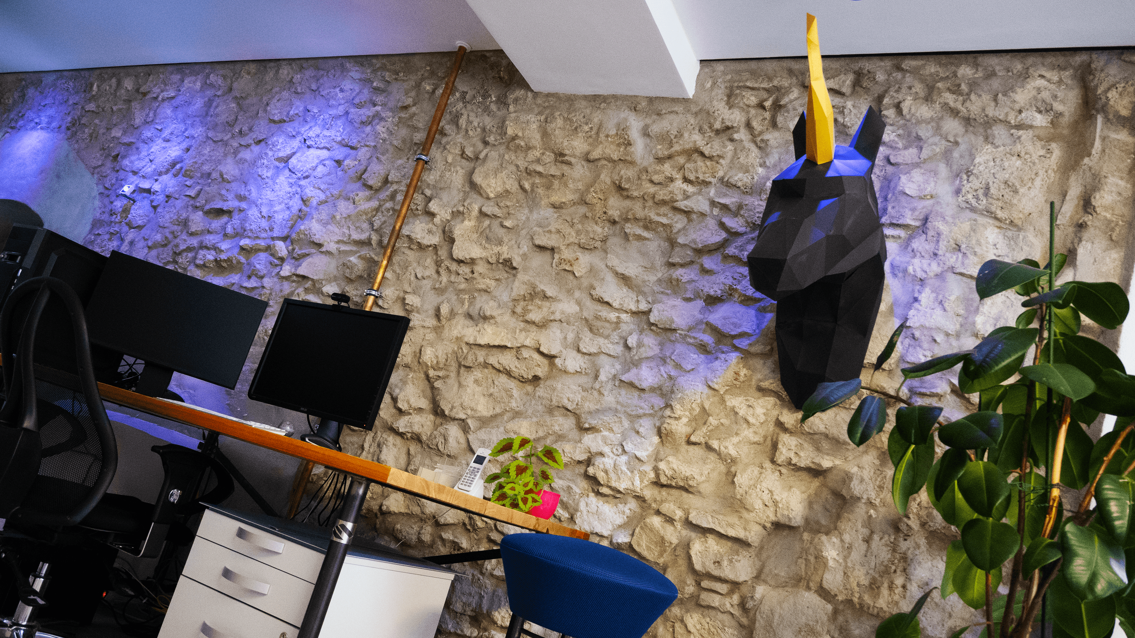 Büro Bruchsteinwand mit Einhorn