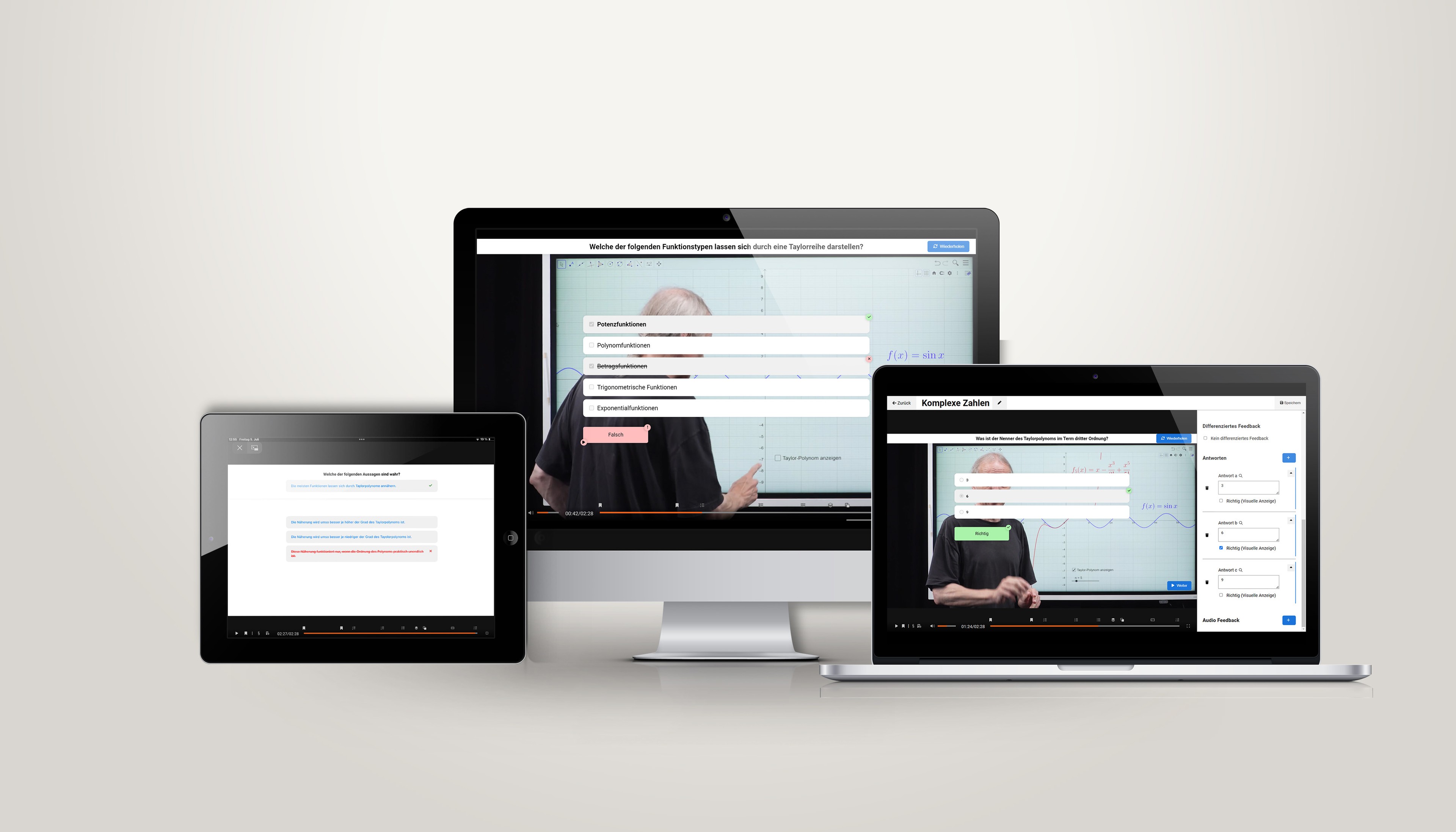 Screenshots von den Interaktions-Elementen Single-Choice, Multiple-Choice und Summary.